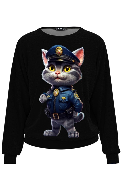 Bluza neagra tip hanorac din catifea cu imprimeu Pisica CMD4899 - Img 2