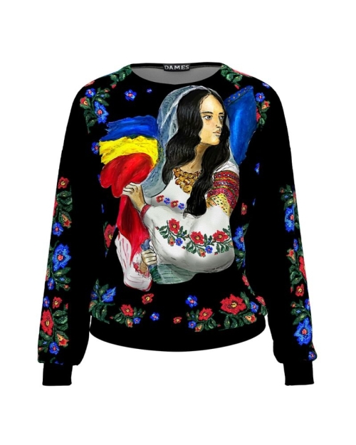 Bluza neagra tip hanorac din catifea cu imprimeu Romancuta CMD4939
