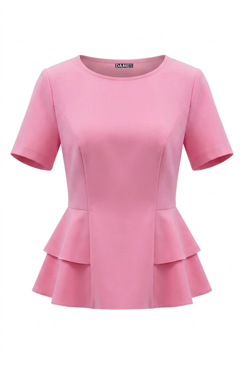 Bluza roz cambrata cu volane laterale si maneca scurta