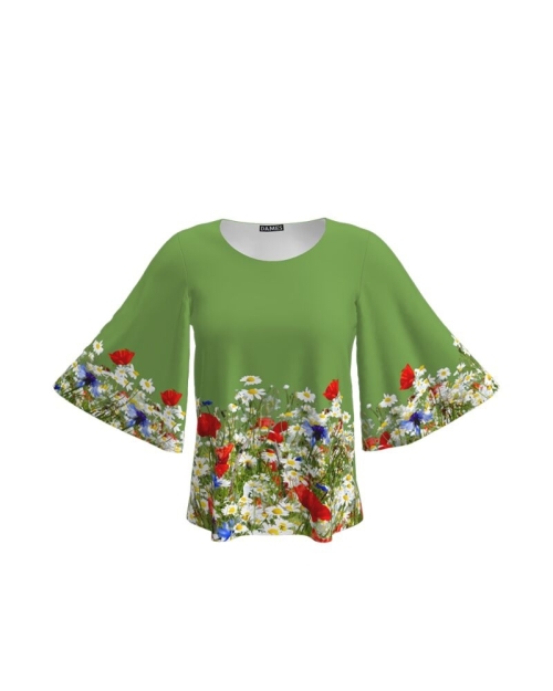 Bluza verde cu maneci tip fluture imprimata flori de camp CMD1510