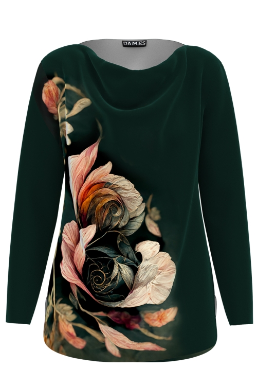 Bluza verde din catifea cu imprimeu trandafir
