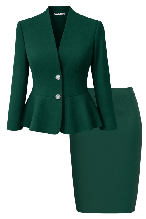 Costum dama verde sacou cu volan si fusta Clasic