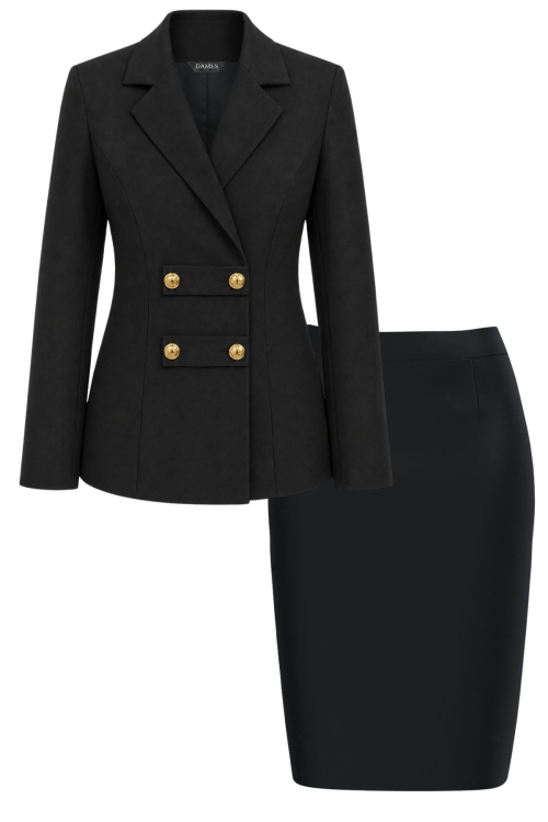 Costum elegant negru cu sacou military si fusta conica