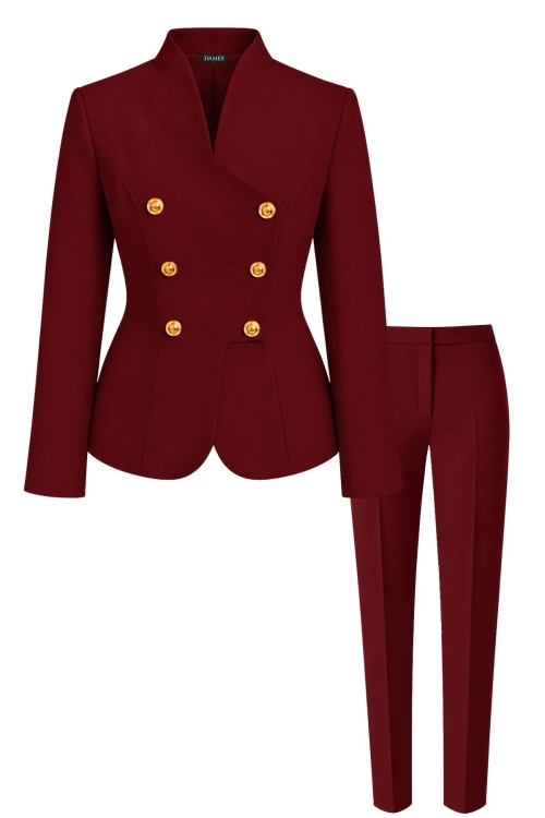 Costum elegant premium visiniu cu sacou asimetric si pantaloni conici