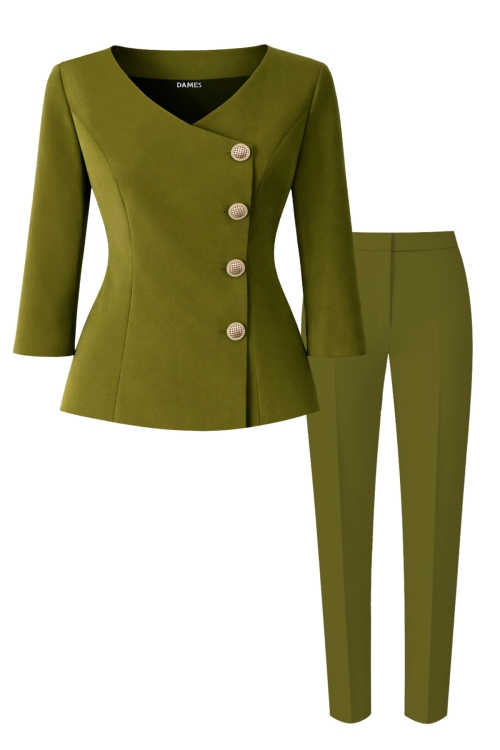Costum elegant sacou cu decolteu inima si pantalon conic verde oliva