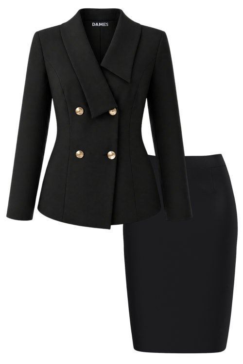 Costum elegant sacou cu rever asimetric si fusta conica neagra
