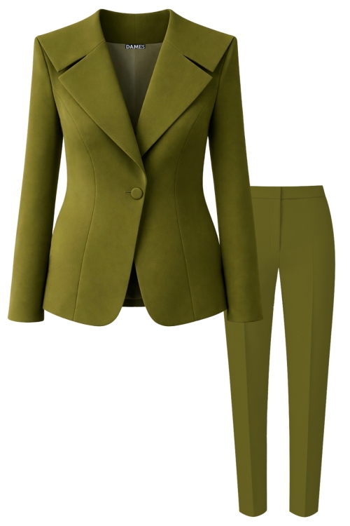 Costum elegant sacou cu rever marinar si pantalon conic verde oliva