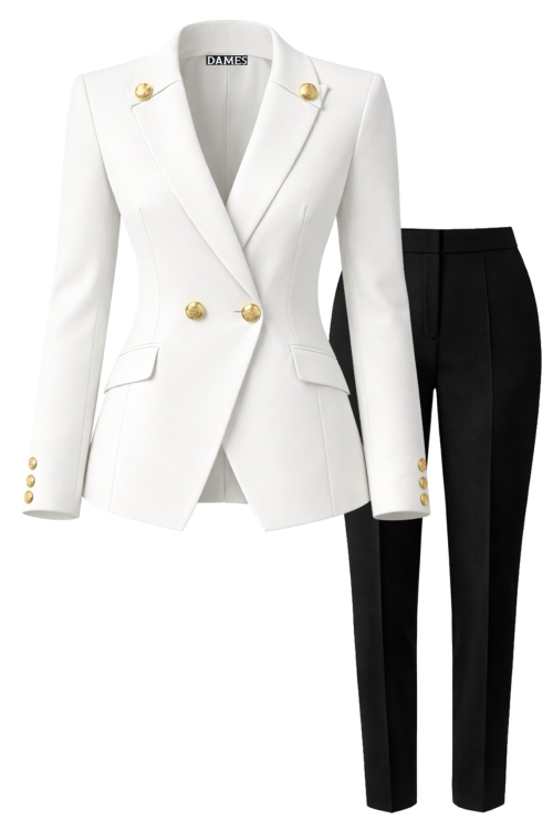 Costum premium pantalon negru si sacou alb cu nasturi aurii