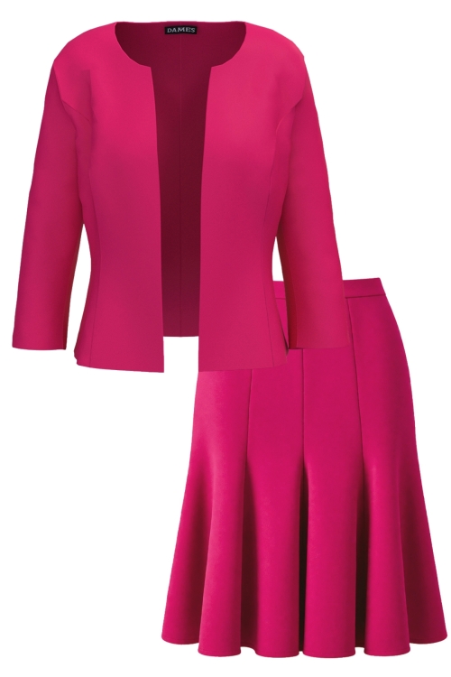 Costum roz trandafiriu cu fusta in clini si sacou elegant cambrat