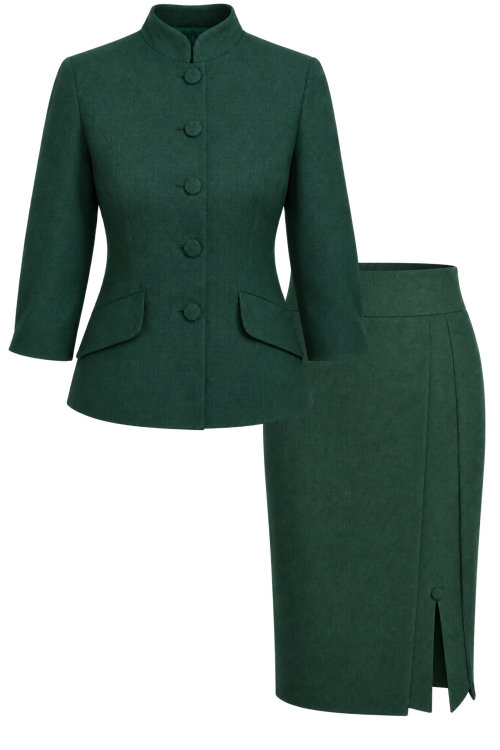 Costum verde sacou cu guler tunica si fusta cu detaliu din stofa Valeria