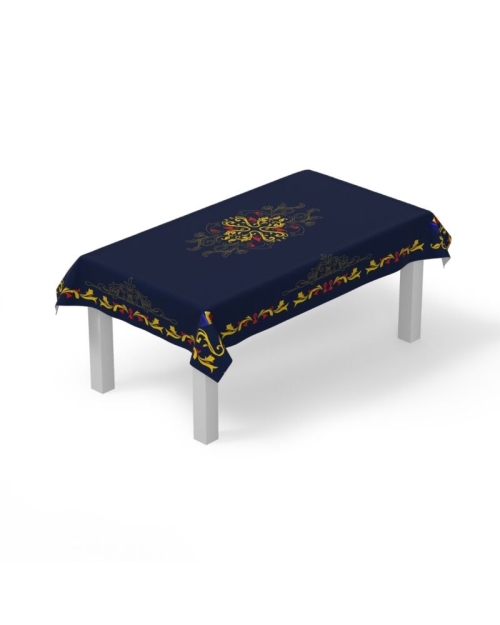 Fata de masa bleumarin din satin imprimat cu model Tricolor CMD3545 - Img 2