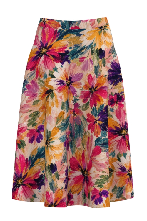 Fusta clos de vara din crepe cu imprimeu floral multicolor