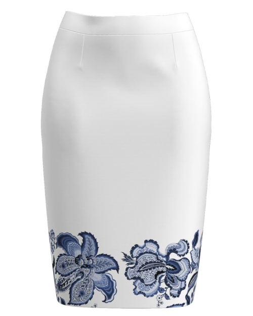 Fusta conica alba imprimata cu model floral albastru CMD3158