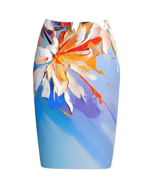 Fusta conica bleu imprimata cu model multicolor SS24 - Img 1