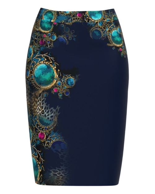 Fusta conica bleumarin imprimata cu accente turcoaz CMD2744