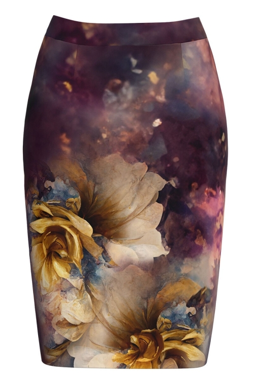 Fusta conica in nuante mov visiniu in degrade cu model floral - Img 2