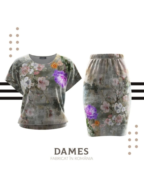 Fusta gri cu imprimeu floral din catifea cu buzunare CMD667 - Img 2