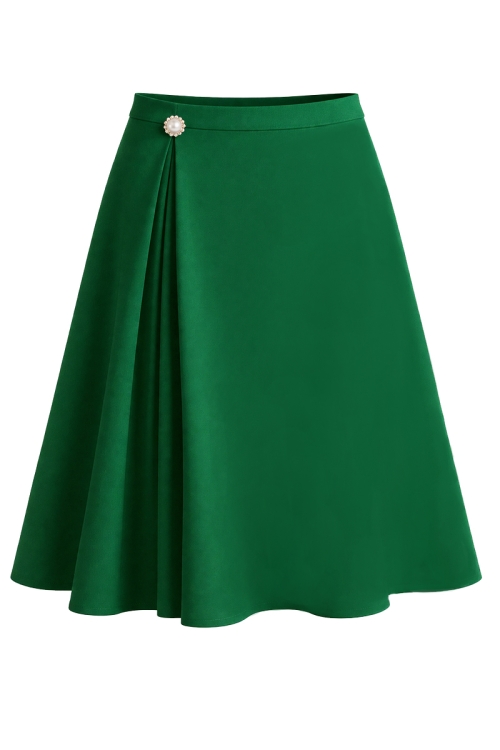 Fusta verde in clos cu pliuri si nasture bijuterie