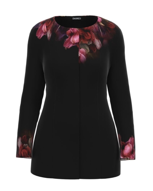 Jacheta de dama neagra de lungime medie imprimata cu model floral CMD2336