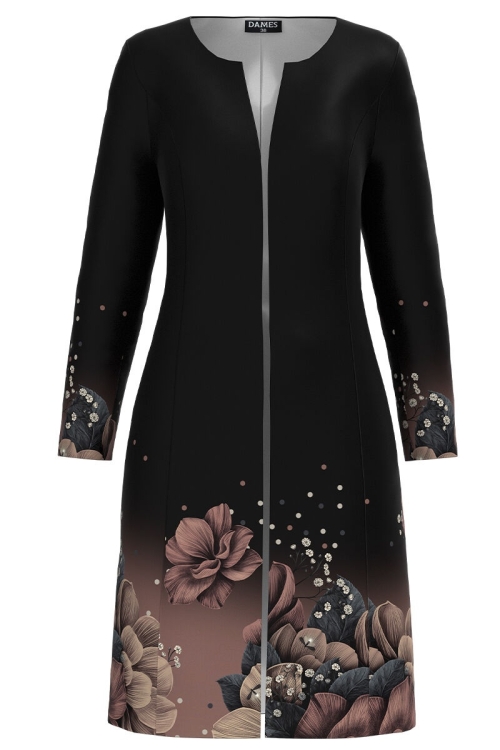 Jacheta neagra de dama lunga imprimata cu model floral CMD3180 - Img 2