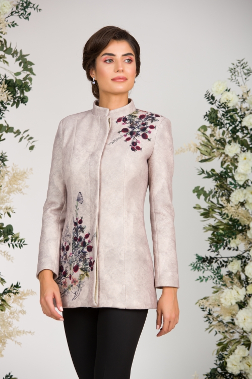 Palton dama bej elegant si calduros imprimat Floral CMD1463 - Img 1