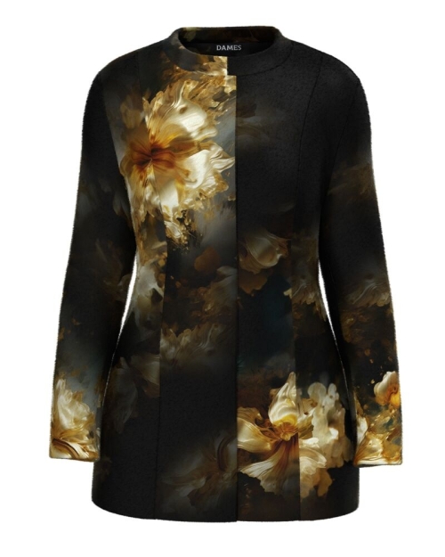 Palton de dama negru elegant si calduros imprimat cu model floral CMD4729