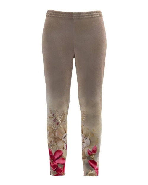 Pantaloni bej cu print floral din catifea cu buzunare CMD513 - Img 5