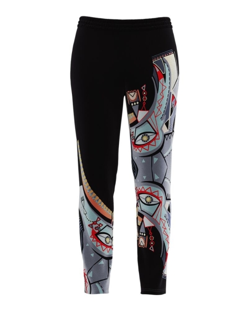 Pantaloni negri cu imprimeu multicolor din catifea cu buzunare CMD690 - Img 1