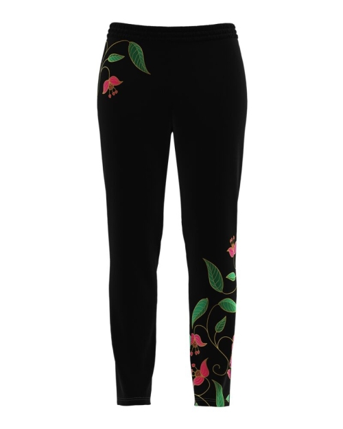 Pantaloni negri cu print floral din catifea cu buzunare CMD856