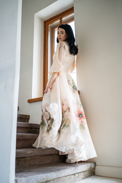Rochia ivory din organza cu imprimeu floral - Img 4