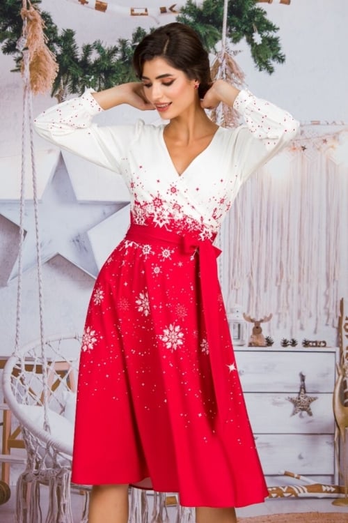 Rochie alb rosu eleganta imprimata Fulgi de zapada CMD1505 - Img 7