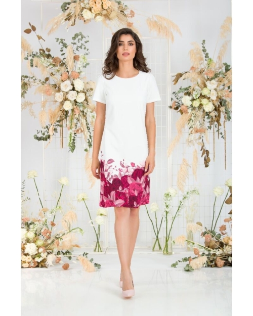 Rochie alba casual cu maneca scurta imprimata Trandafiri CMD743 - Img 4
