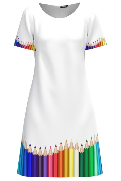 Rochie alba casual de vara cu maneca scurta Creioane colorate CMD4592 - Img 2