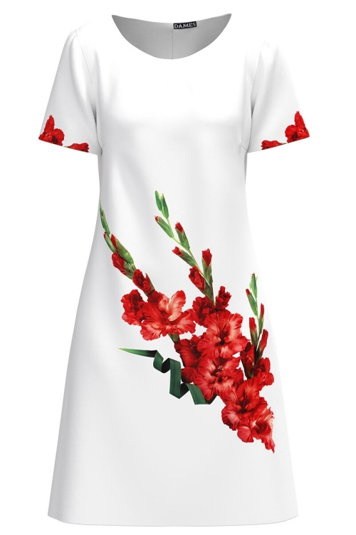 Rochie alba evazata imprimata cu model Gladiole CMD2867