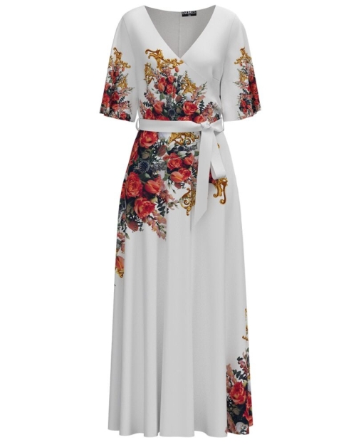 Rochie alba lunga eleganta de seara imprimata cu model floral CMD2591 - Img 1