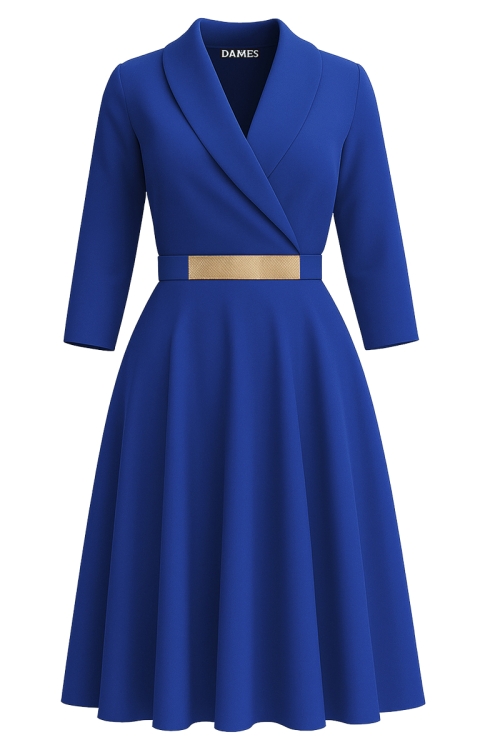 Rochie albastra eleganta cu bust petrecut si accesoriu in talie