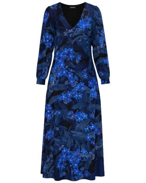 Rochie albastra eleganta cu maneca lunga imprimata floral