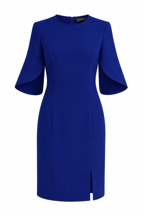 Rochie albastra eleganta cu maneci asimetrice si slit pe picior