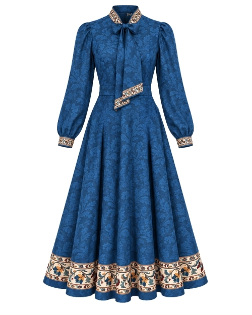Rochie albastru deschis cu guler esarfa si imprimeu floral ornamental