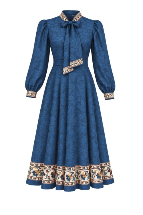Rochie albastru deschis cu guler esarfa si imprimeu floral ornamental