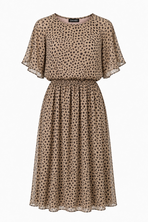Rochie bej animal print din voal cu maneca scurta