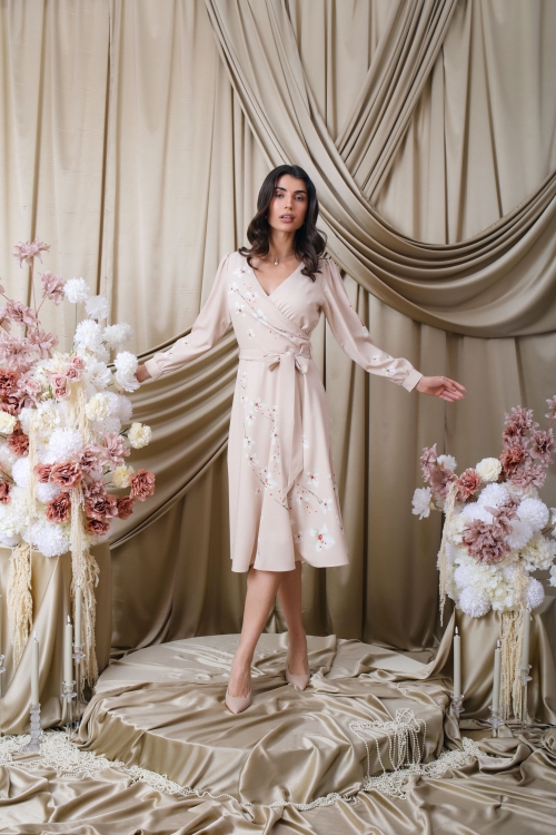 Rochie bej cu maneca lunga imprimata floral SS25 - Img 3