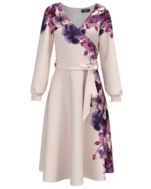 Rochie bej cu maneca lunga imprimata floral
