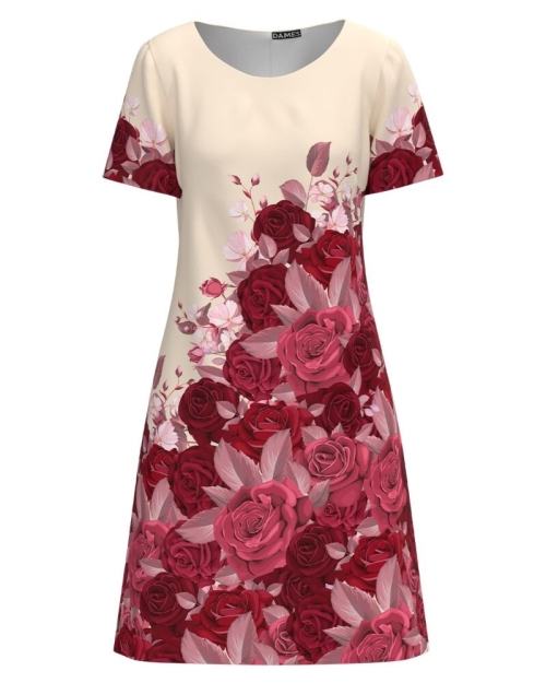 Rochie bej cu maneca scurta imprimata trandafiri CMD4299