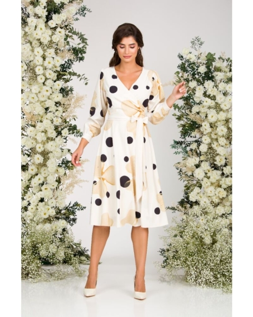 Rochie bej eleganta cu maneca lunga imprimata cu model Abstract CMD2937 - Img 2