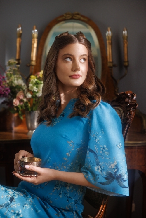 Rochie bleu florala cu maneci clopot - Img 2