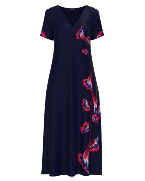 Rochie bleumarin de vara lunga cu buzunare imprimata cu model floral CMD2722 - Img 1