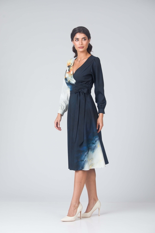Rochie bleumarin in degrade eleganta cu maneca lunga imprimata floral - Img 3