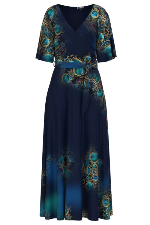 Rochie bleumarin lunga eleganta de seara imprimata cu accente turcoaz CMD2739