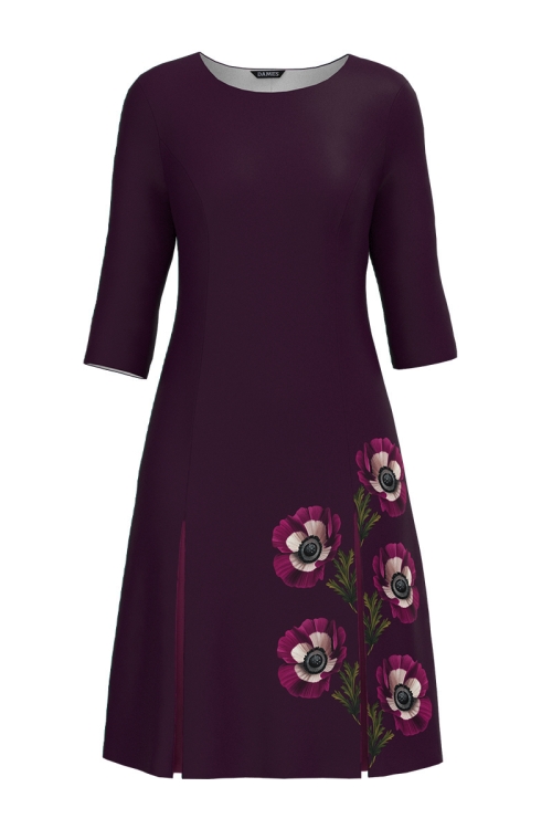 Rochie bordo cu pliuri imprimata Anemone